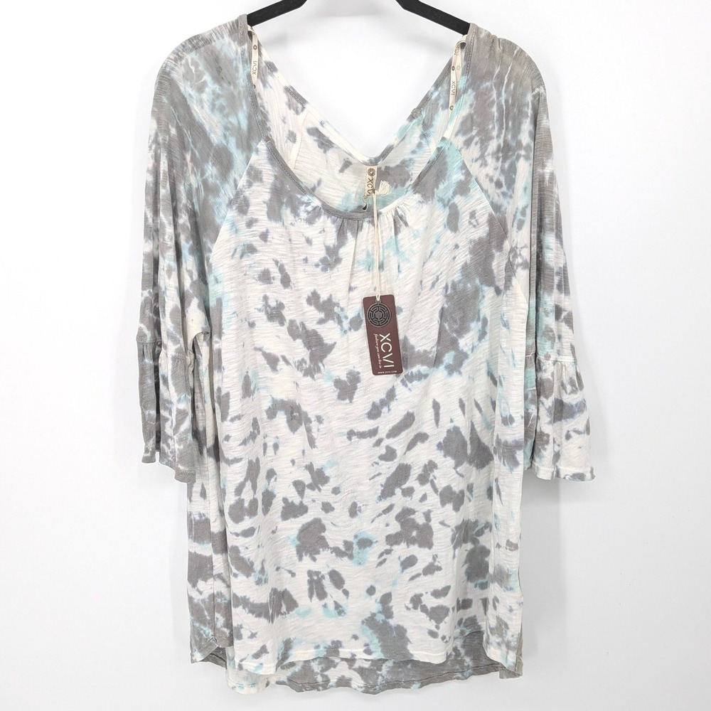 XCVI Tunic Top Women Small Gray Blue Tie Dye Bell Sleeve Boho Artsy Festival NWT